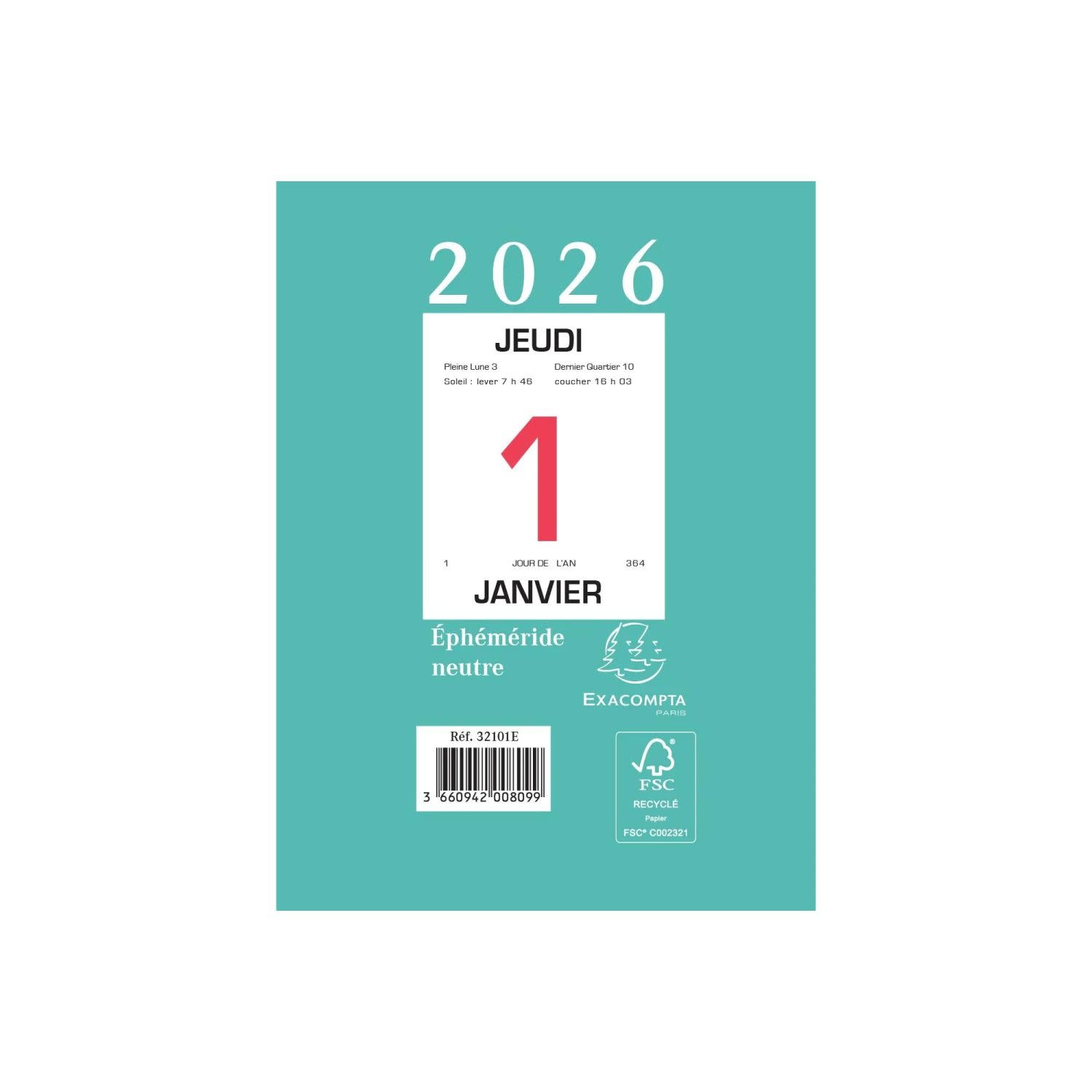 EXACOMPTA Bloc éphéméride neutre sans support 9,8 x 13,4 cm 2026