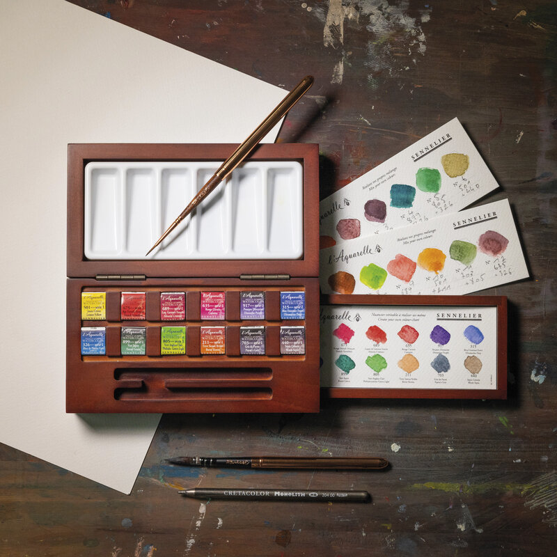 SENNELIER Coffret aquarelle extra-fine 12 1/2 godets + 2 pinceaux Voyageur