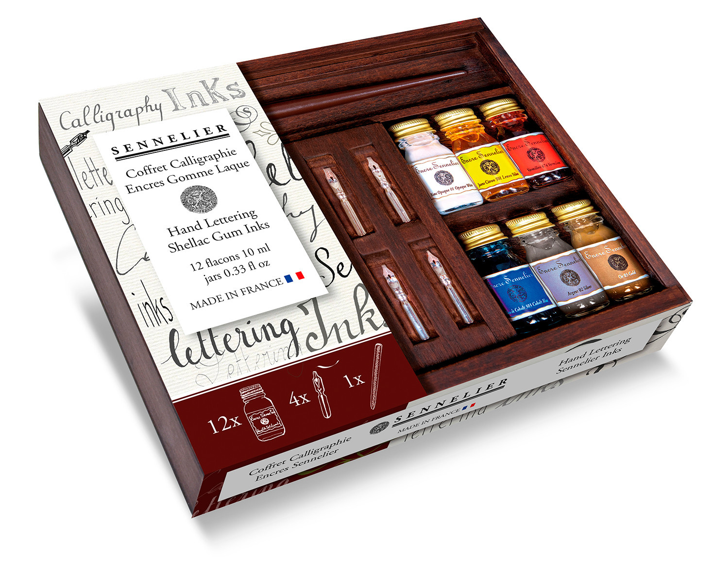 SENNELIER Coffret bois d'encre de Calligraphie - 12x10ml et accessoires
