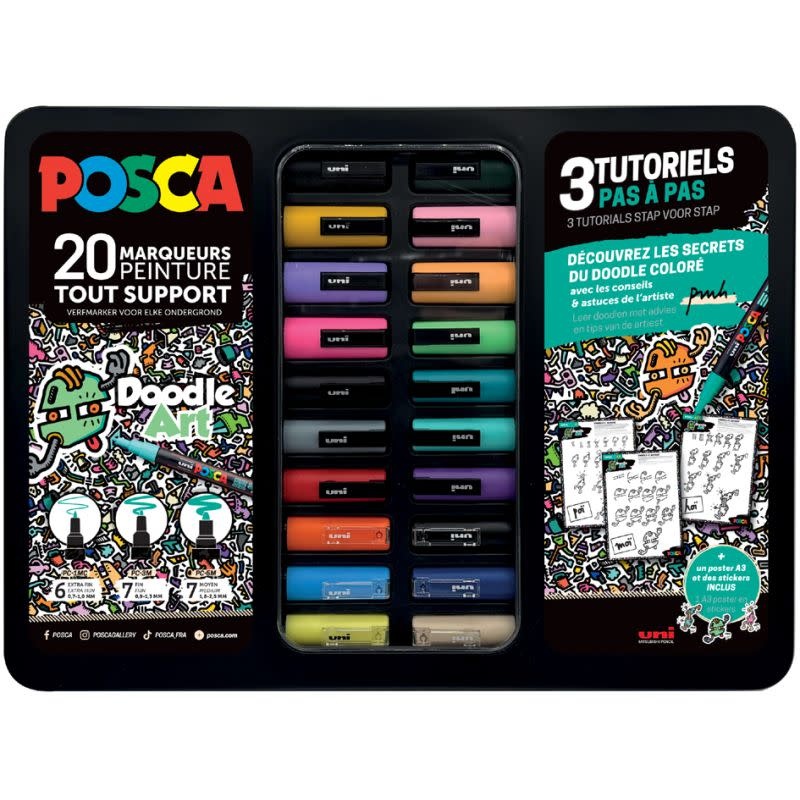 UNI-BALL Mallette Métal Noire 20 Posca Doodle Art