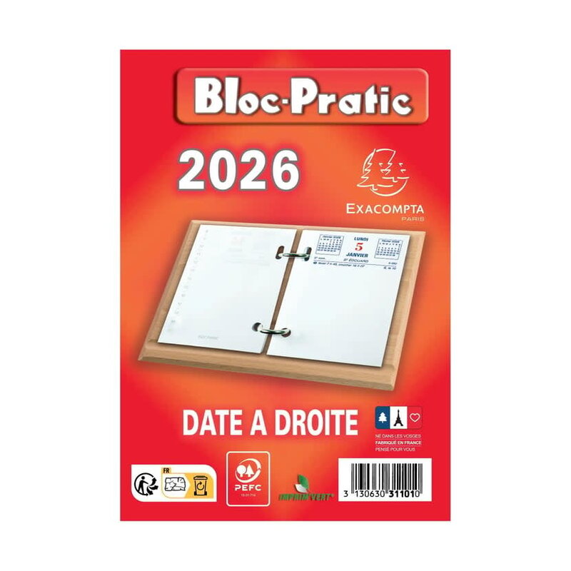 EXACOMPTA Bloc-pratic date à droite 8,2 x 12 cm - 2026 - Rouge