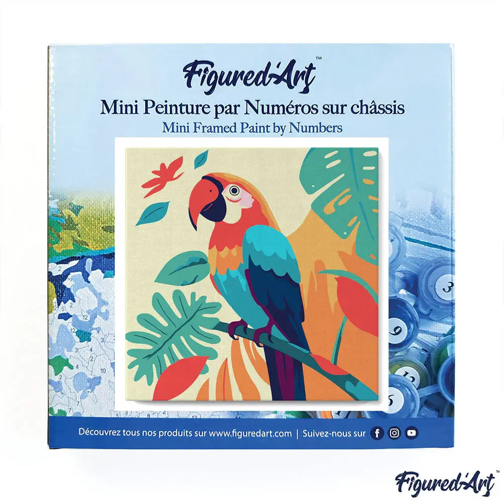 FIGURED'ART Mini Peinture par Numéros Perroquet Tropical 20x20cm toile tendue sur chassis