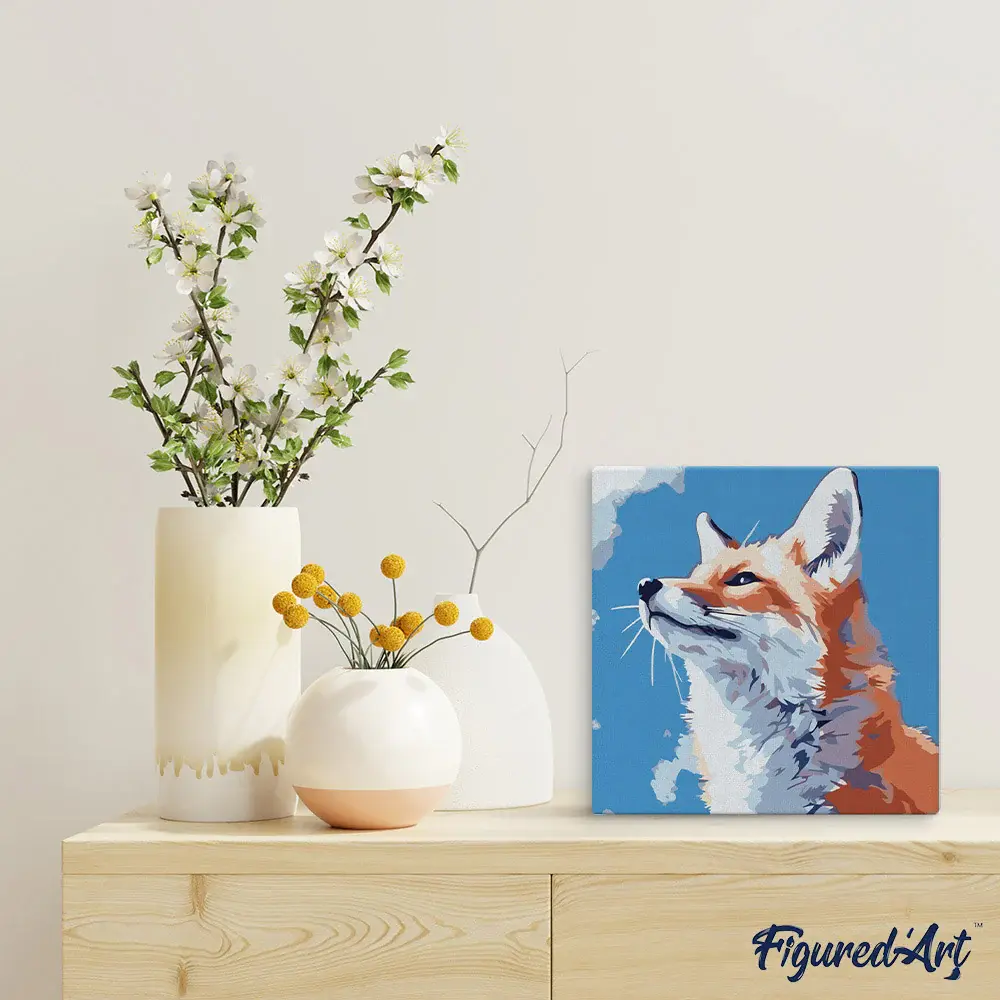 FIGURED'ART Mini Peinture par Numéros 20x20cm avec cadre Renard et ciel bleu