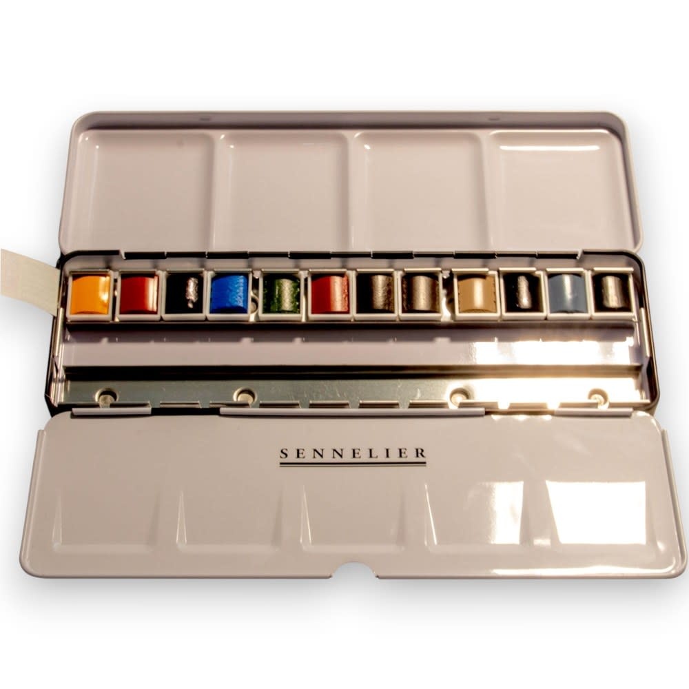 SENNELIER Boîte métal aquarelle extra-fine 12 ½ G + 12 empl. vides sélection Lena Ullmann + 5 tutoriels gratuits