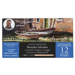 SENNELIER Boite métal aquarelle extra-fine de poche - 12 demi- godets Sélection Barnaba Salvador + 1 pinceau "le Voyageur"