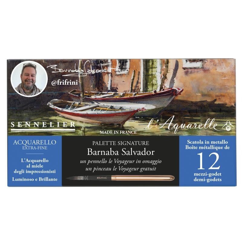 SENNELIER Boite métal aquarelle extra-fine de poche - 12 demi- godets Sélection Barnaba Salvador + 1 pinceau "le Voyageur"