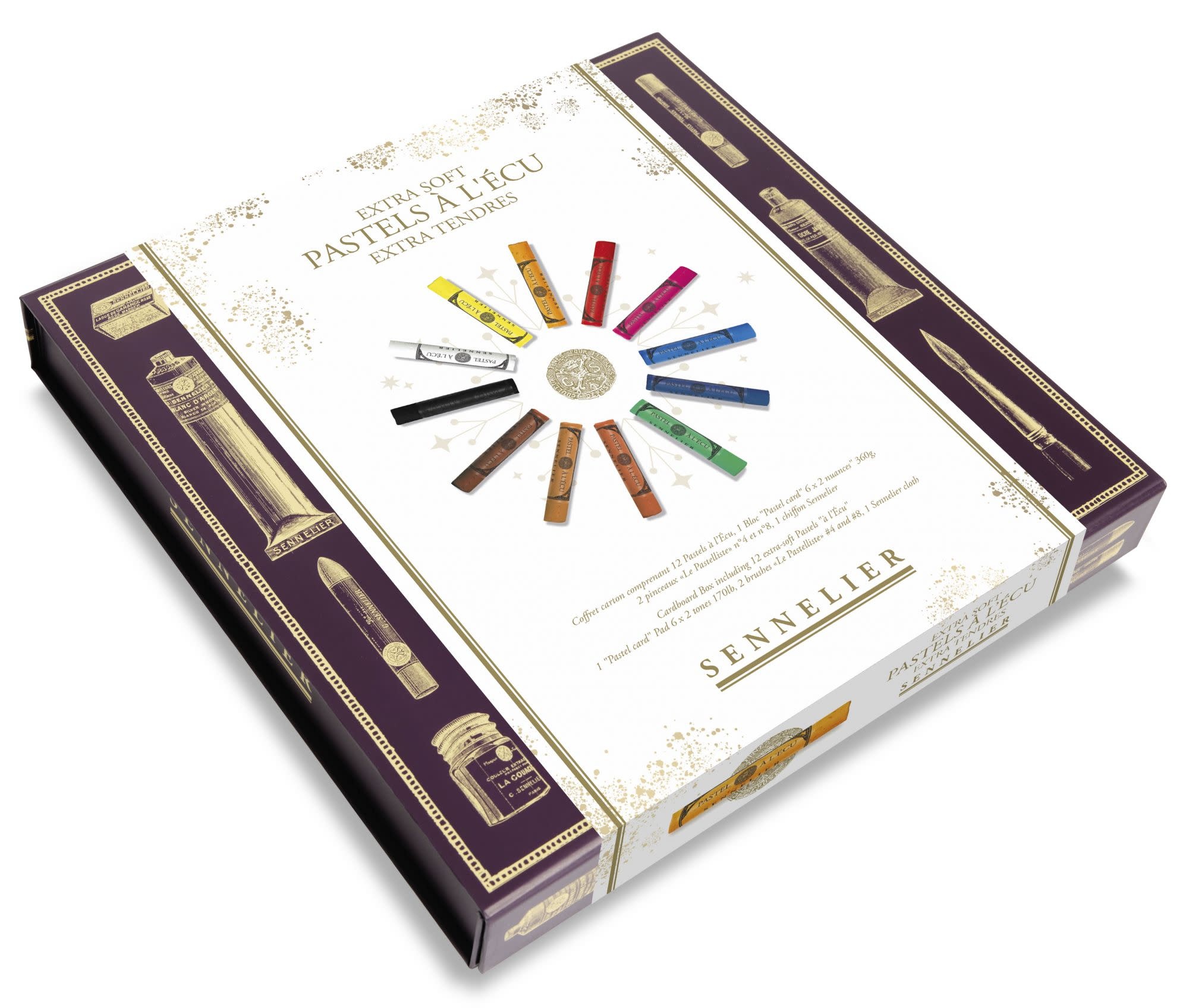 SENNELIER Coffret carton magnétique 12 pastels à l'écu + 1 bloc "Pastel Card" 6 x 2 nuances + 2 pinceaux Le Pastelliste + 1 chiffon Sennelier
