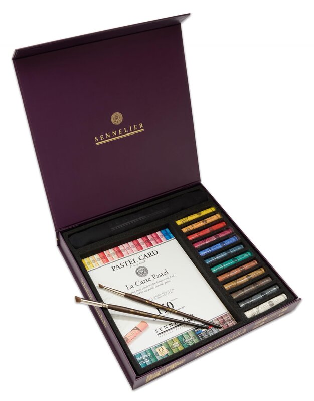 SENNELIER Coffret carton magnétique 12 pastels à l'écu + 1 bloc "Pastel Card" 6 x 2 nuances + 2 pinceaux Le Pastelliste + 1 chiffon Sennelier