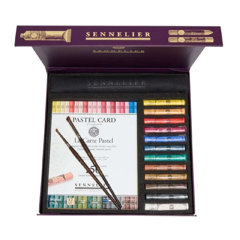 SENNELIER Coffret carton magnétique 12 pastels à l'écu + 1 bloc "Pastel Card" 6 x 2 nuances + 2 pinceaux Le Pastelliste + 1 chiffon Sennelier