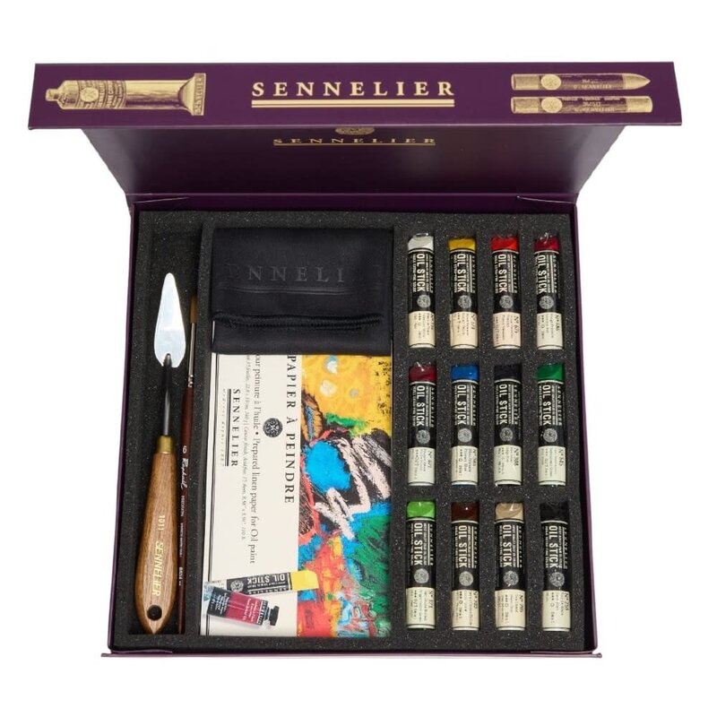 SENNELIER Coffret carton magnétique 12 mini oil sticks + 1 bloc papier à peindre 240g + 1 pinceau  Precision + 1 couteau à peindre + 1 chiffon Sennelier