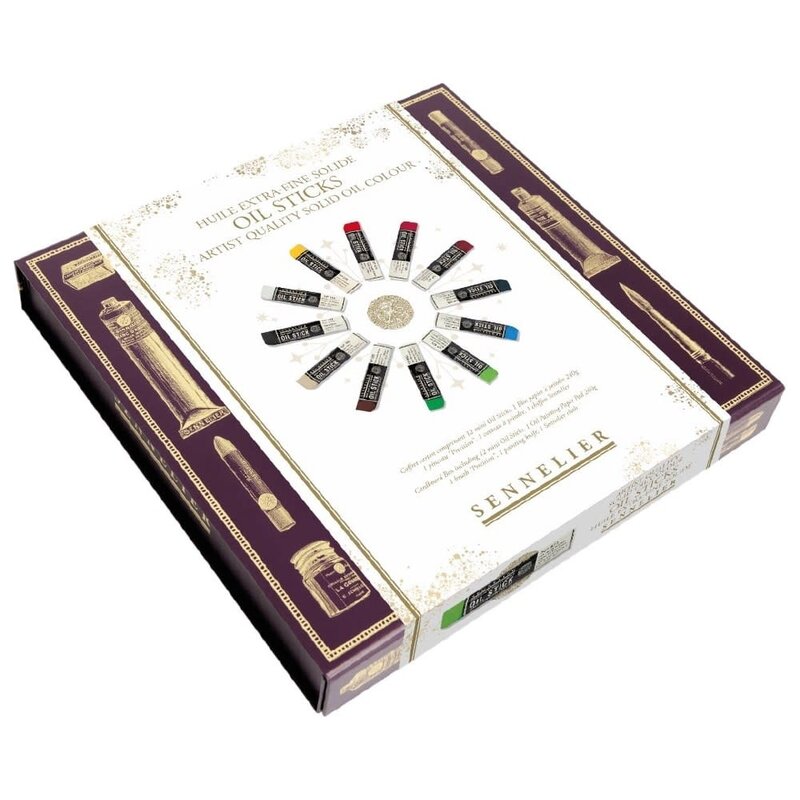 SENNELIER Coffret carton magnétique 12 mini oil sticks + 1 bloc papier à peindre 240g + 1 pinceau  Precision + 1 couteau à peindre + 1 chiffon Sennelier