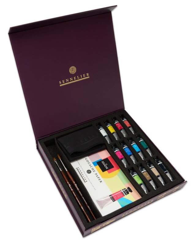 SENNELIER Coffret magnétique 12 tubes de Gouache extra-fine 10ml + 1 bloc "Gouache Pad" + 2 pinceaux Precision + 1 chiffon Sennelier