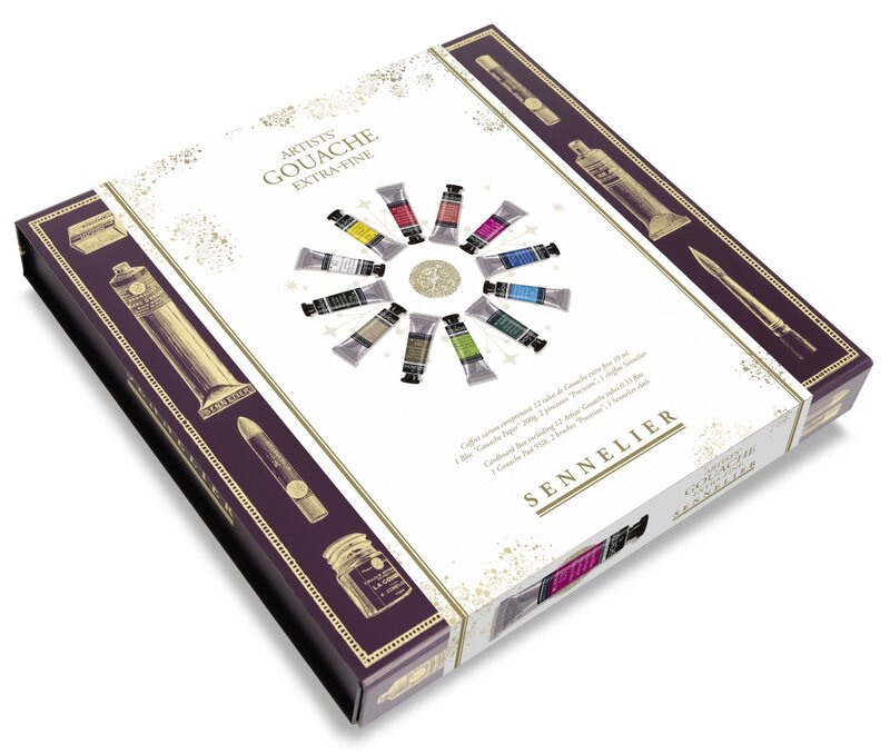 SENNELIER Coffret magnétique 12 tubes de Gouache extra-fine 10ml + 1 bloc "Gouache Pad" + 2 pinceaux Precision + 1 chiffon Sennelier