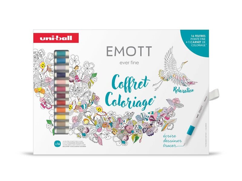 UNI-BALL Coffret Emott Art Therapie (16 Feutres + 1 Carnet Coloriage)