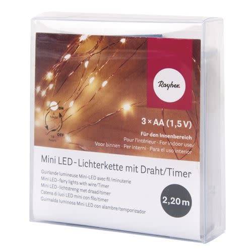RAYHER Mini-chaîne lumin.LED av.fil/minuterie, jaune lumineux, 220cm, 20LED, à piles