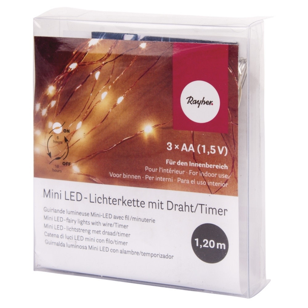 RAYHER Mini-chaîne lumin.LED av.fil/minuterie, jaune lumineux, 120cm, 10LED, à piles