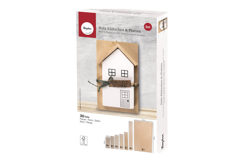 RAYHER Kit Blocs + Plaques en bois, FSC 100%, nature, assortis, 30 pièces, boîte 1lot