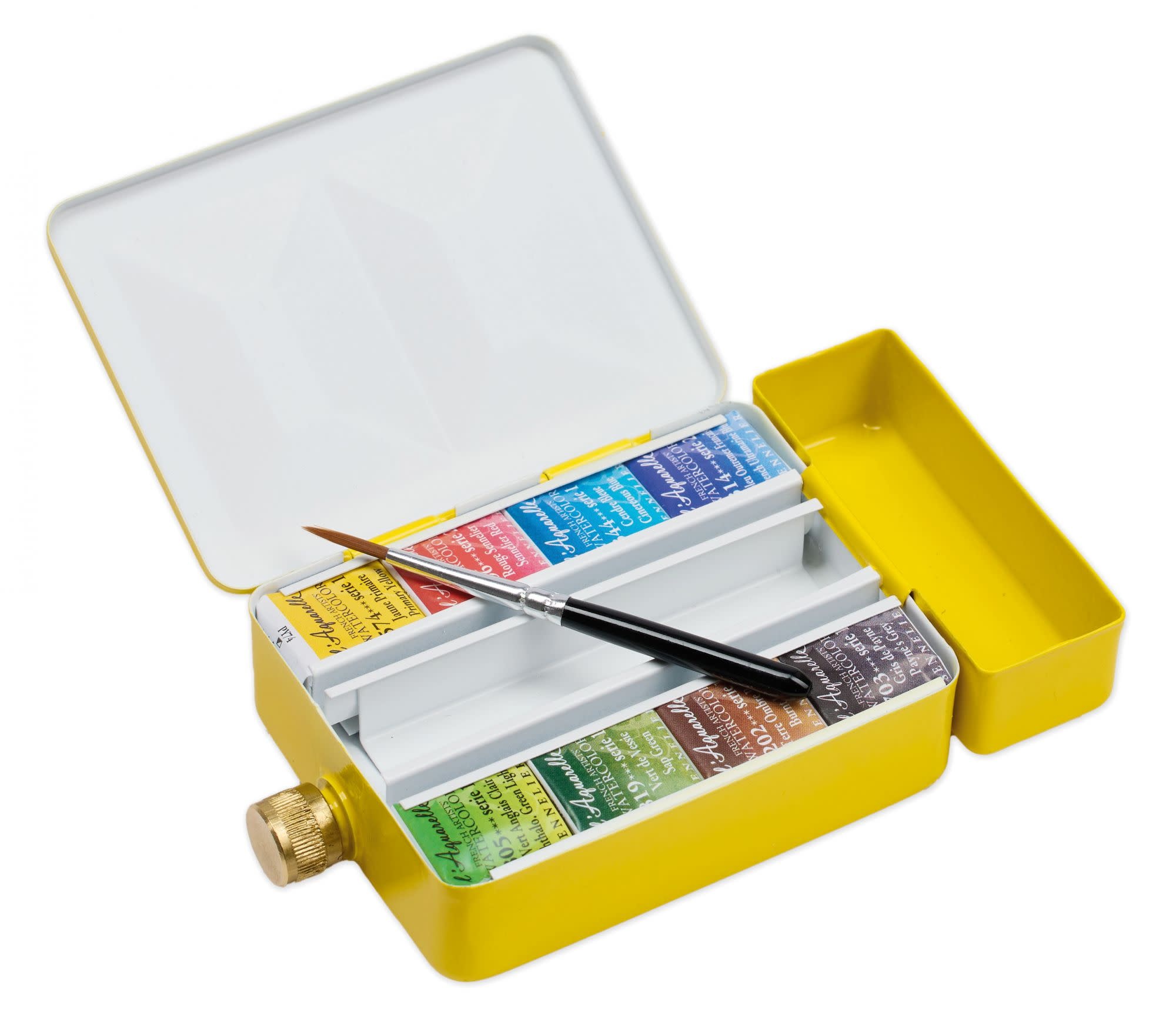 SENNELIER Boite Émaillée Jaune Aquarelle Extra Fine 8 Demi Godets+ 1 Mini Pinceaux + Rserve D'Eau