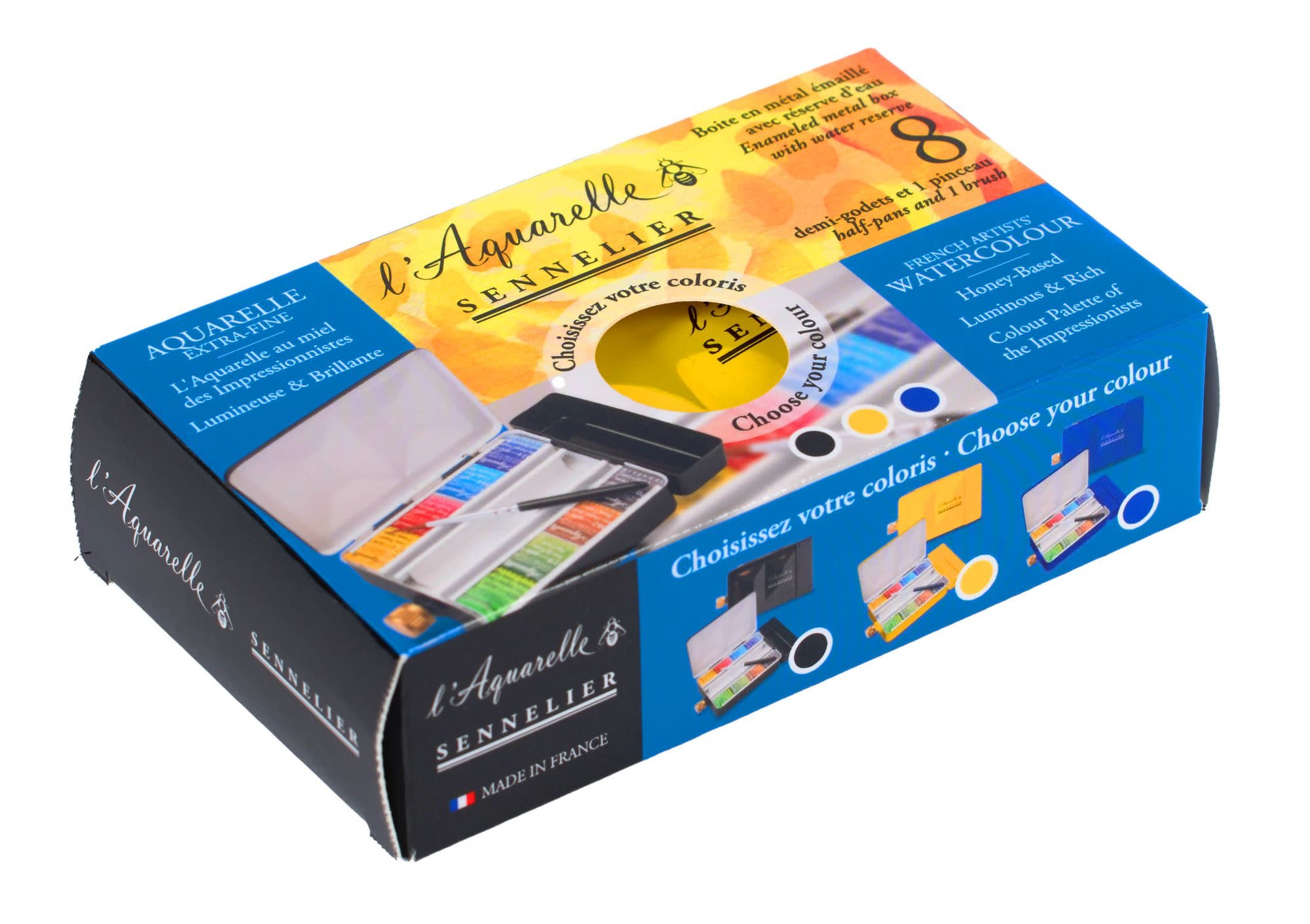 SENNELIER Boite Émaillée Jaune Aquarelle Extra Fine 8 Demi Godets+ 1 Mini Pinceaux + Rserve D'Eau