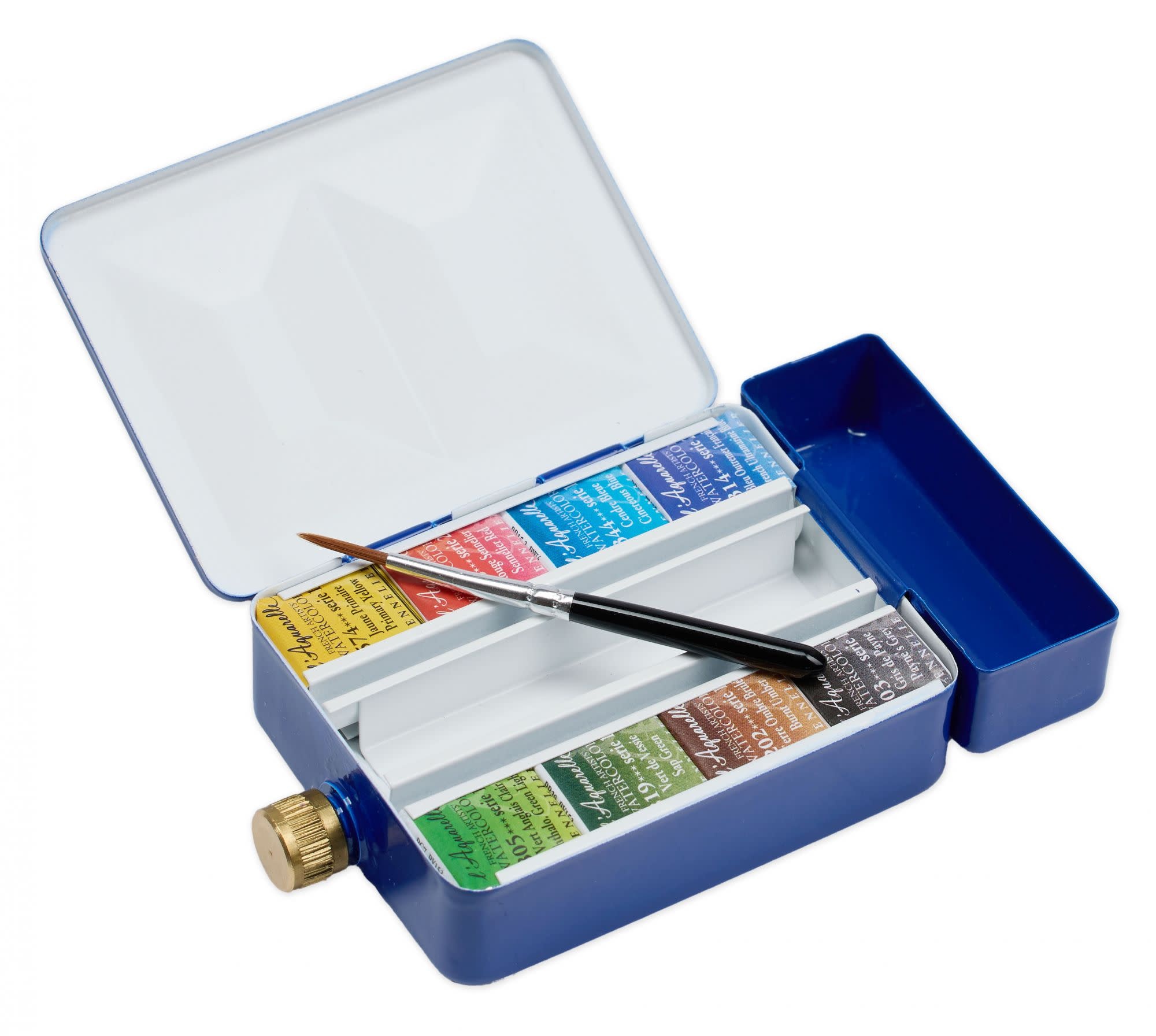 SENNELIER Boite Émaillée Bleu Aquarelle Extra Fine 8 Demi Godets+ 1 Mini Pinceaux + Réserve D'Eau