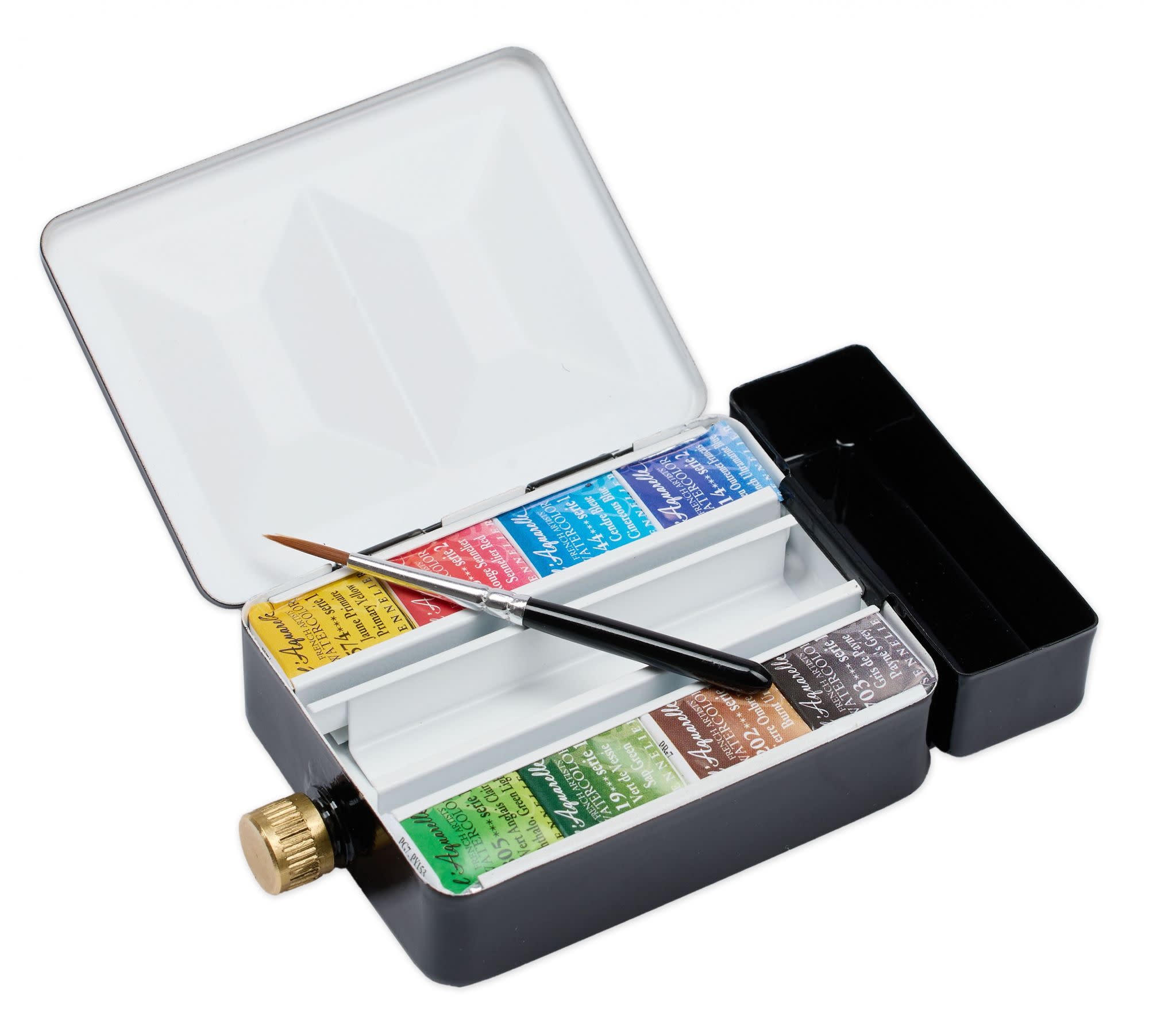 SENNELIER Boite Émaillée Noir Aquarelle Extra Fine 8 Demi Godets+ 1 Mini Pinceaux + Réserve D'Eau