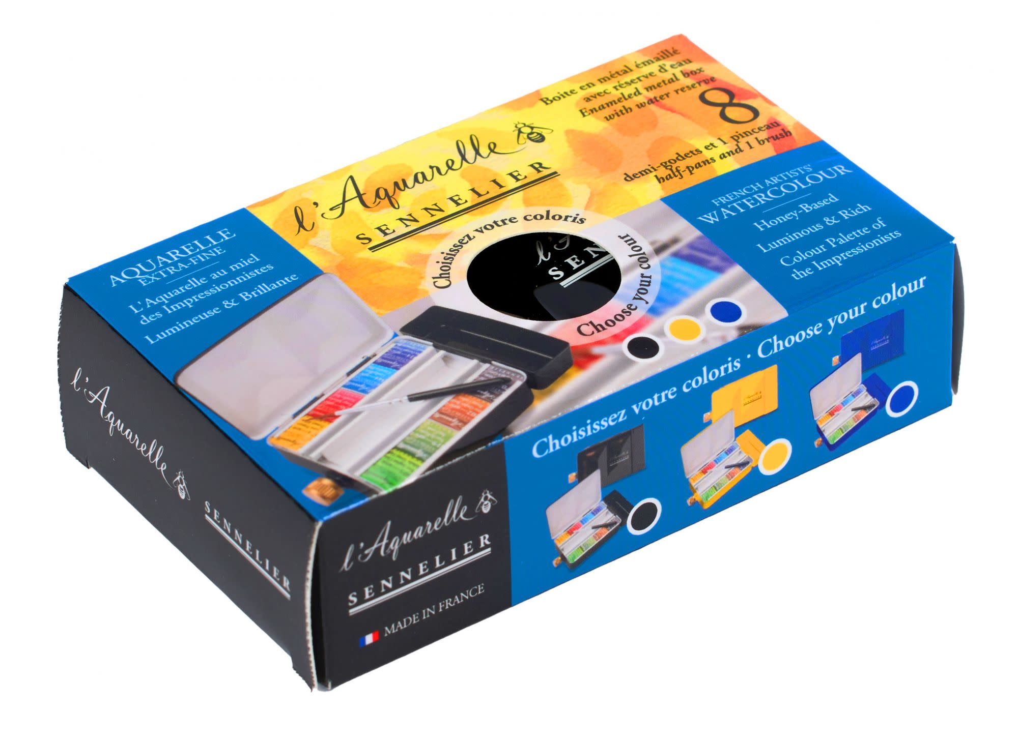 SENNELIER Boite Émaillée Noir Aquarelle Extra Fine 8 Demi Godets+ 1 Mini Pinceaux + Réserve D'Eau