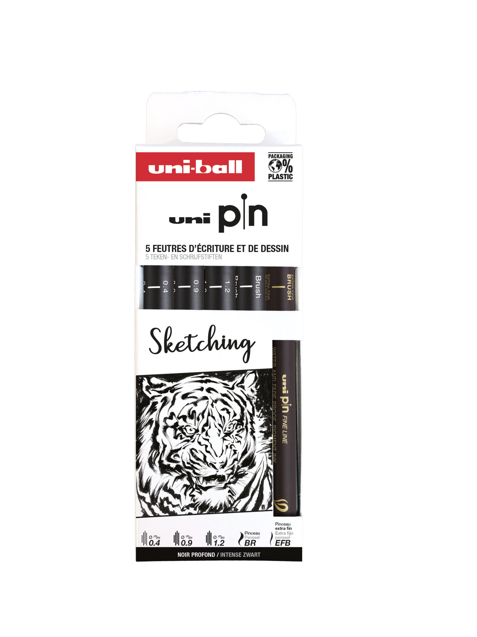 UNI-BALL Pochette de 5 feutres techniques Uni Pin pointe calibrée - 04-09-1.2-BR-EFRBR Noir
