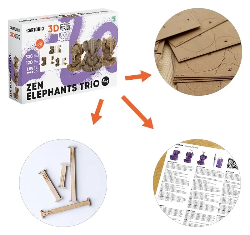 Cartonic Sculpture-Puzzle 3D - Trio d’éléphants zen