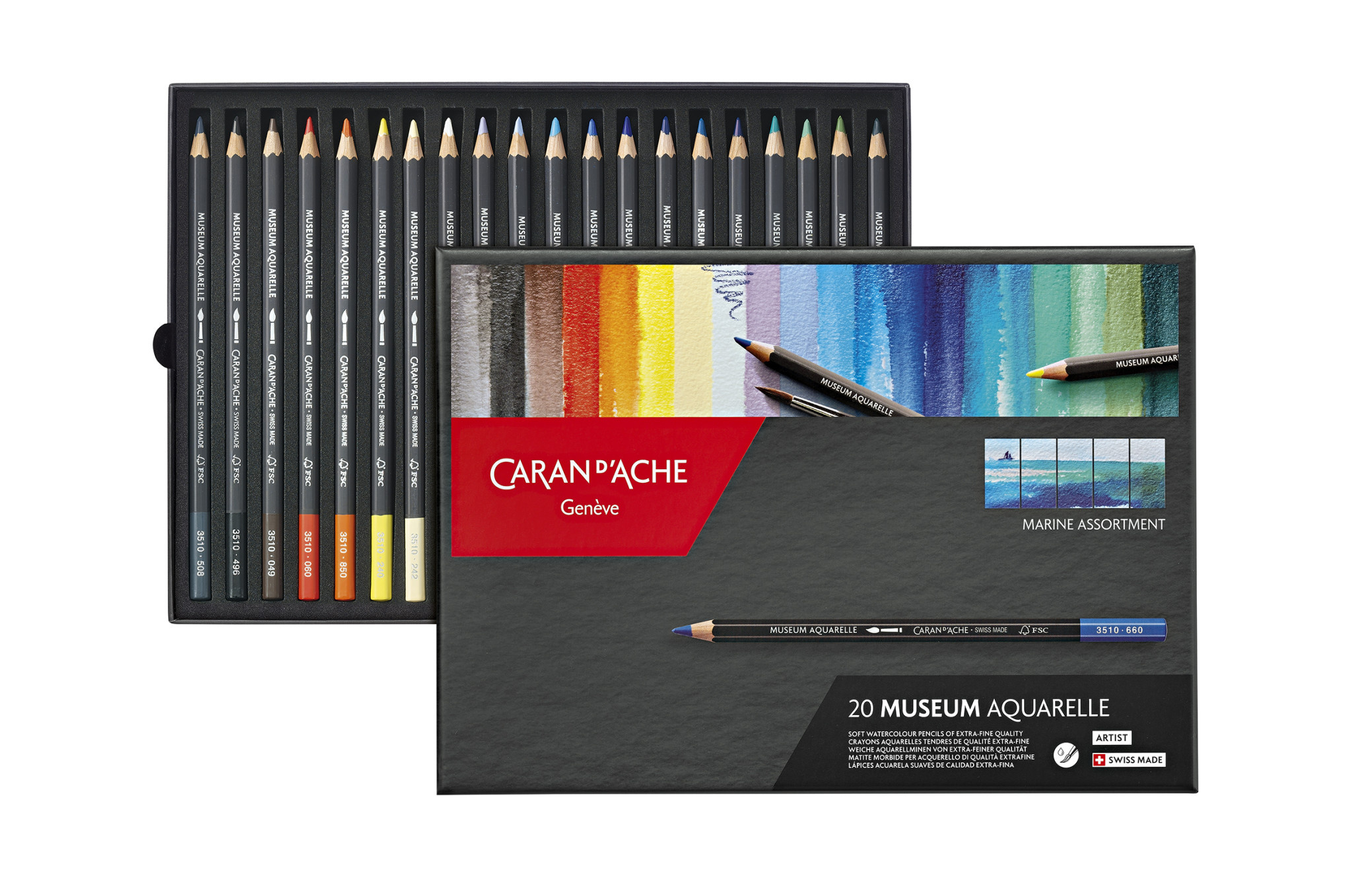 CARAN D'ACHE Museum Aquarelle Boîte carton de 20 crayons de couleurs Marine