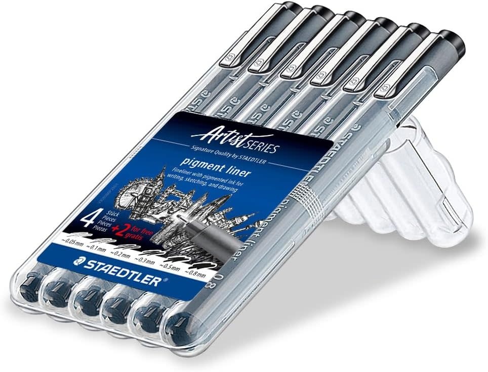 STAEDTLER Etui chevalet box 6 feutres noirs pointe calibrée(4 + 2 gratuits)  pigment liner 308
