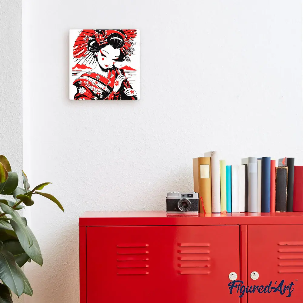 FIGURED'ART Mini Peinture par Numéros Y Geisha Rouge et Noire 20x20cm toile tendue sur chassis