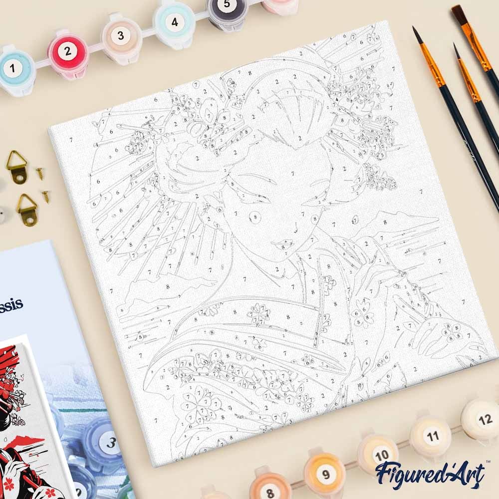 FIGURED'ART Mini Peinture par Numéros Y Geisha Rouge et Noire 20x20cm toile tendue sur chassis