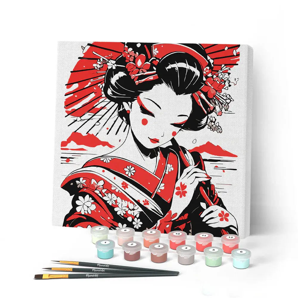 FIGURED'ART Mini Peinture par Numéros Y Geisha Rouge et Noire 20x20cm toile tendue sur chassis