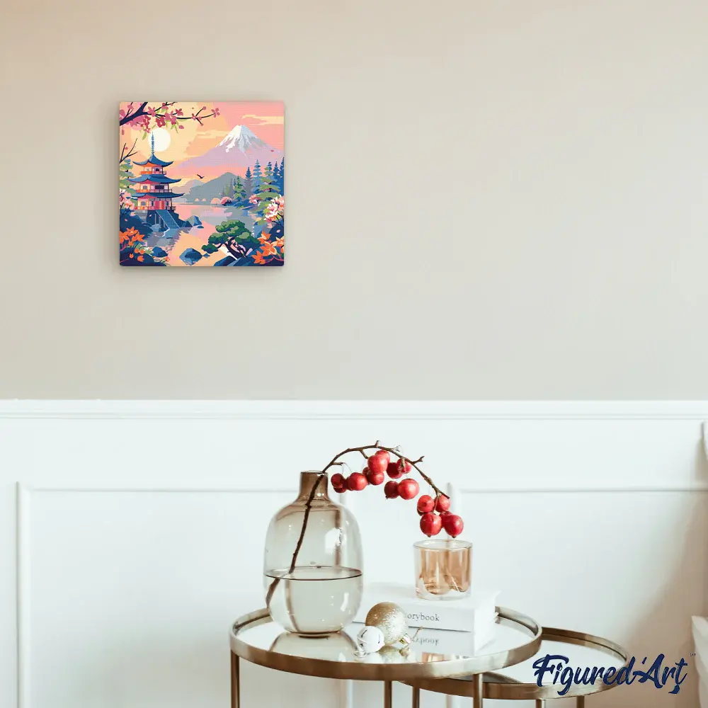FIGURED'ART Mini Peinture par Numéros Pagode et Mont Fuji 20x20cm toile tendue sur chassis