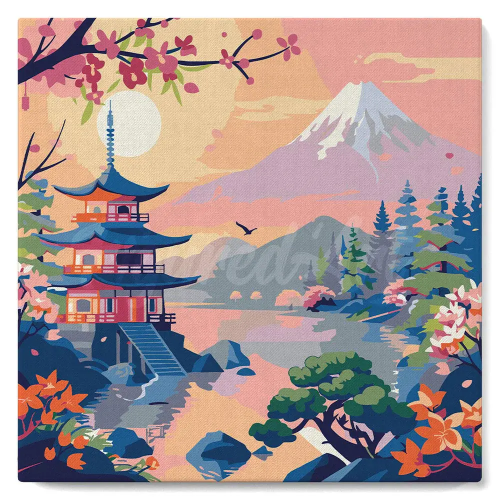 FIGURED'ART Mini Peinture par Numéros Pagode et Mont Fuji 20x20cm toile tendue sur chassis
