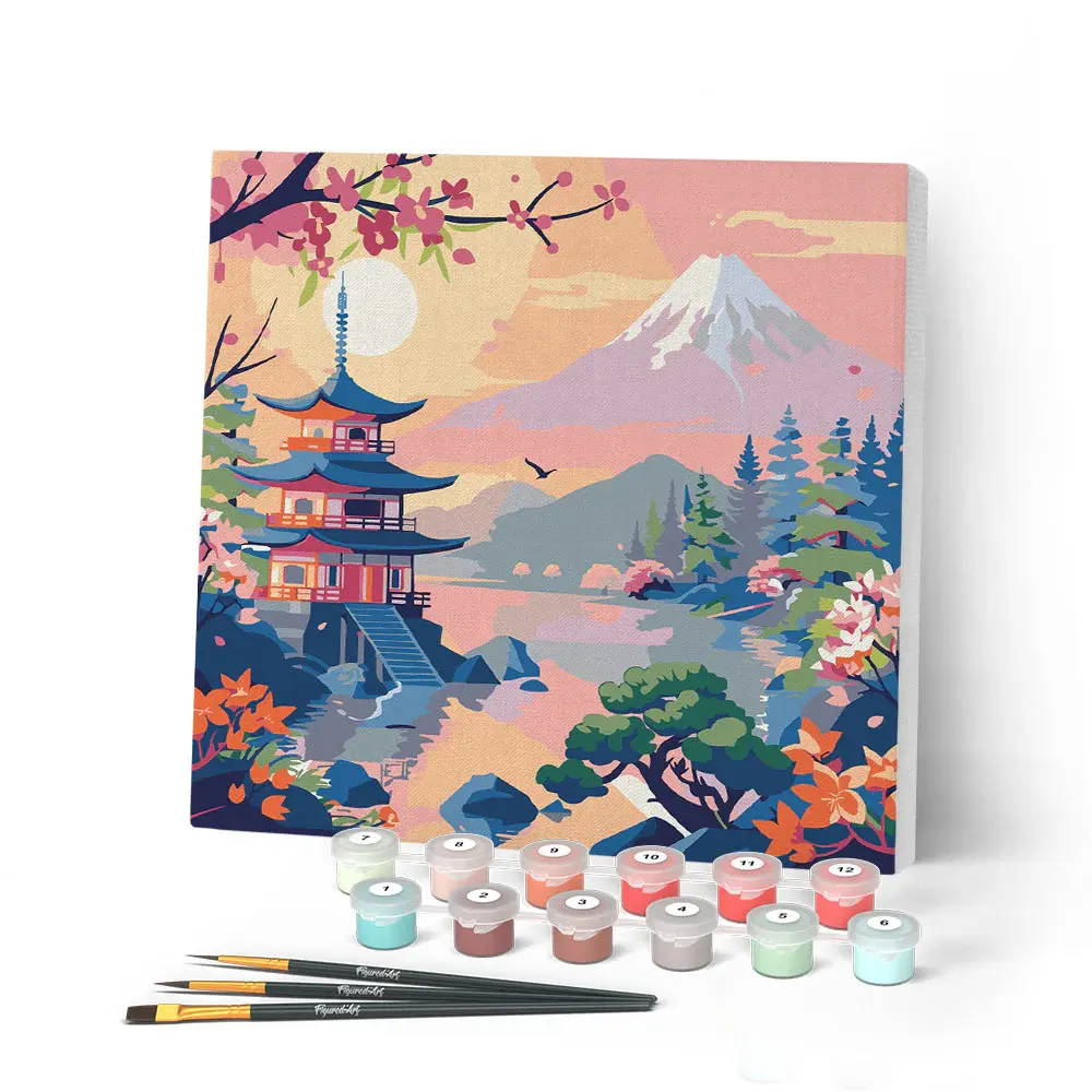 FIGURED'ART Mini Peinture par Numéros Pagode et Mont Fuji 20x20cm toile tendue sur chassis