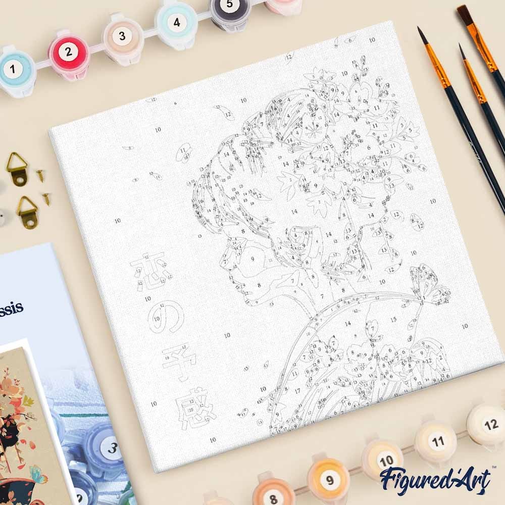 FIGURED'ART Mini Peinture par Numéros design L'amour a la Japonaise taille 20x20cm toile tendue sur chassis