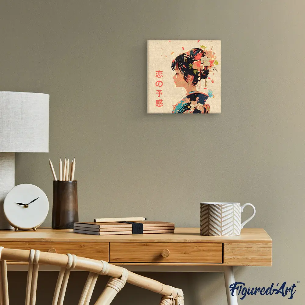 FIGURED'ART Mini Peinture par Numéros design L'amour a la Japonaise taille 20x20cm toile tendue sur chassis