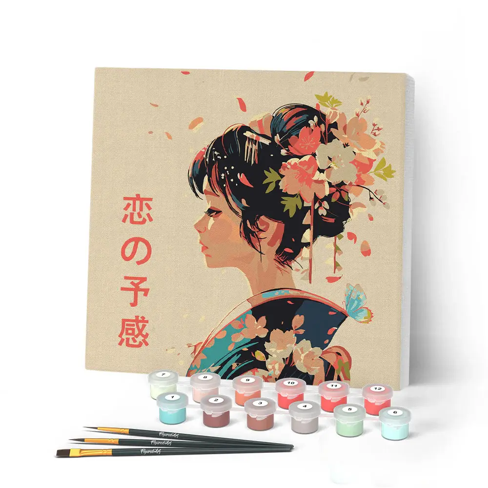 FIGURED'ART Mini Peinture par Numéros design L'amour a la Japonaise taille 20x20cm toile tendue sur chassis