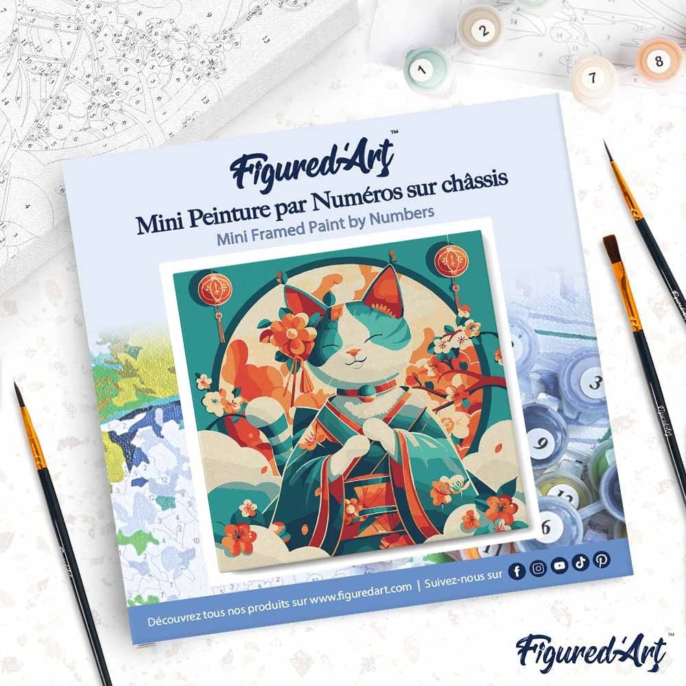 FIGURED'ART Mini Peinture par Numéros Chat Princesse Japonaise 20x20cm toile tendue sur chassis