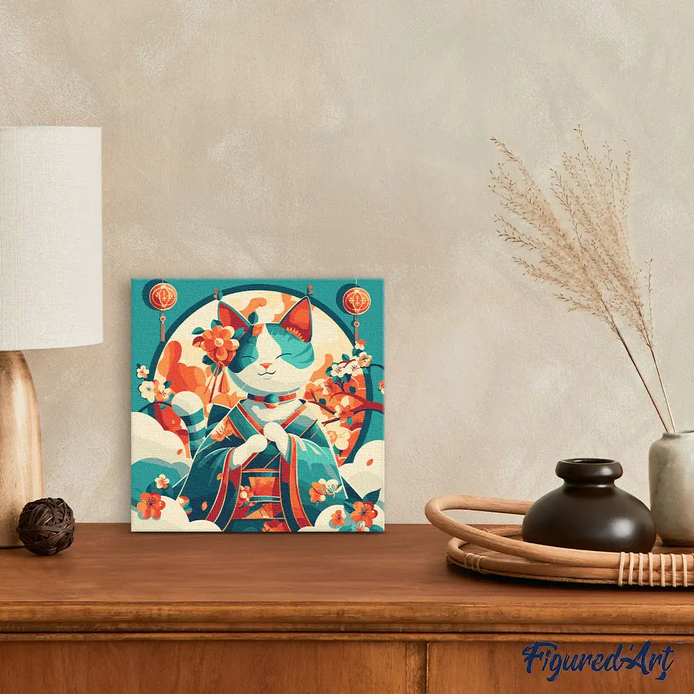 FIGURED'ART Mini Peinture par Numéros Chat Princesse Japonaise 20x20cm toile tendue sur chassis