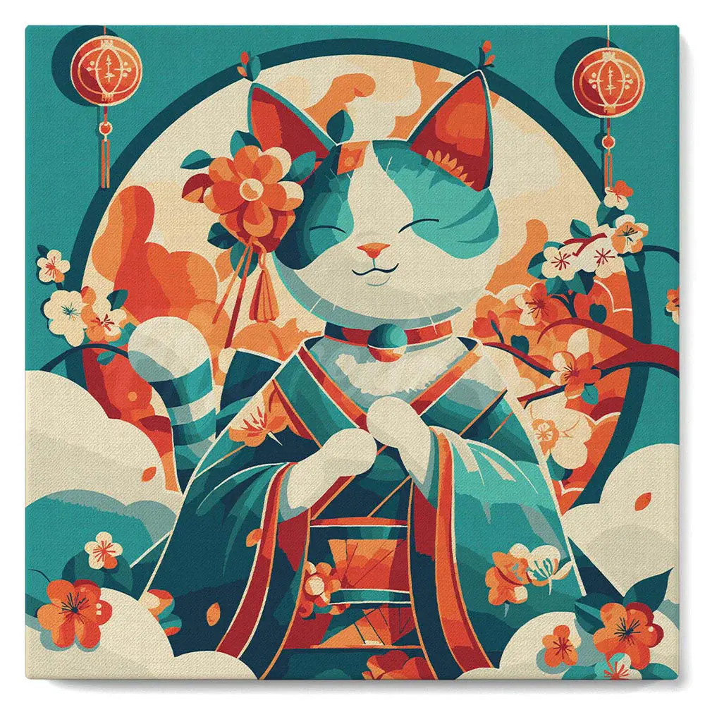 FIGURED'ART Mini Peinture par Numéros Chat Princesse Japonaise 20x20cm toile tendue sur chassis