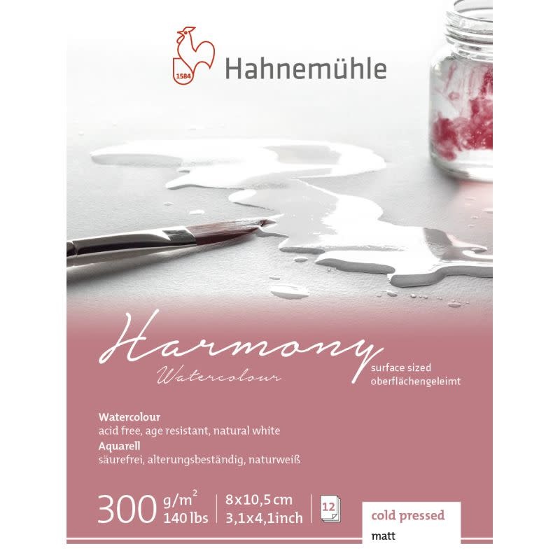 HAHNEMÜHLE Bloc Harmony Aquarelle collé 4 côtés 8x10,5cm 300g 12f grain fin
