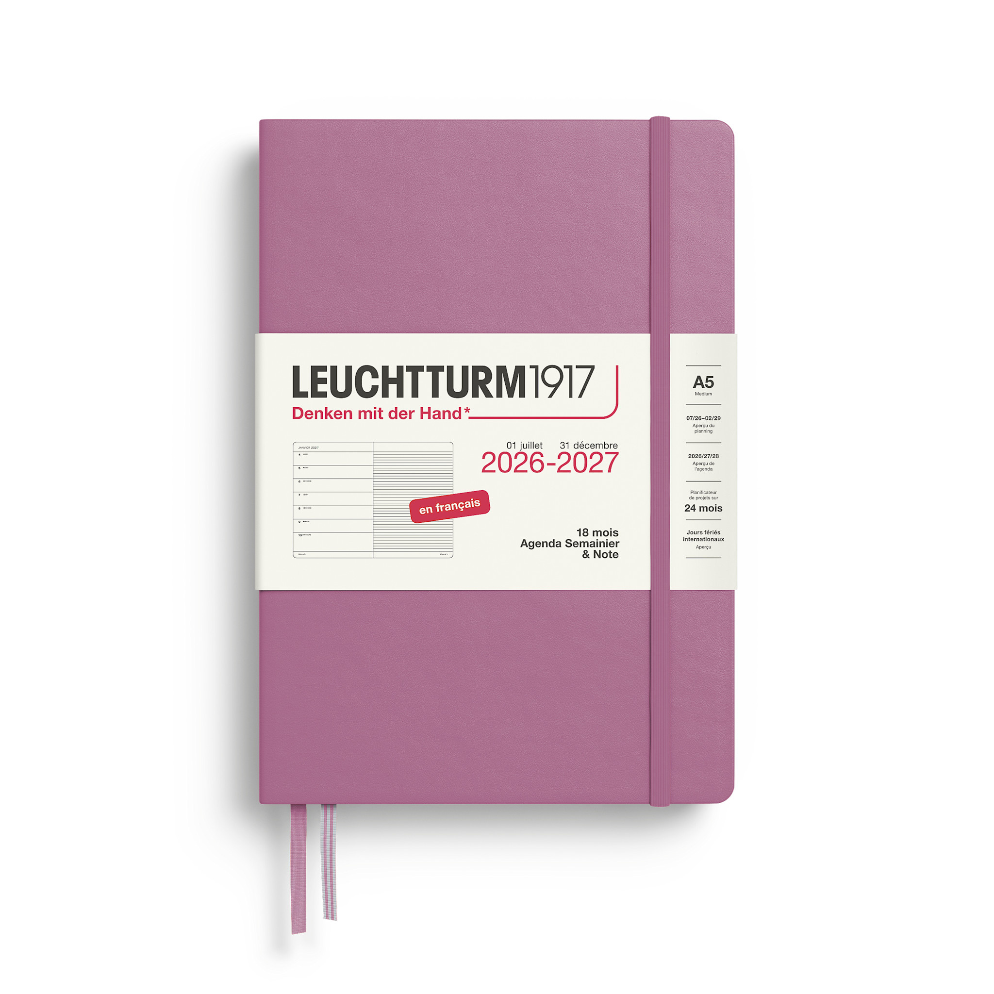 LEUCHTTURM 1917 Dusty Rose, Agenda Semainier & Carnet de notes Medium (A5) 2026/2027, 18 mois, Français