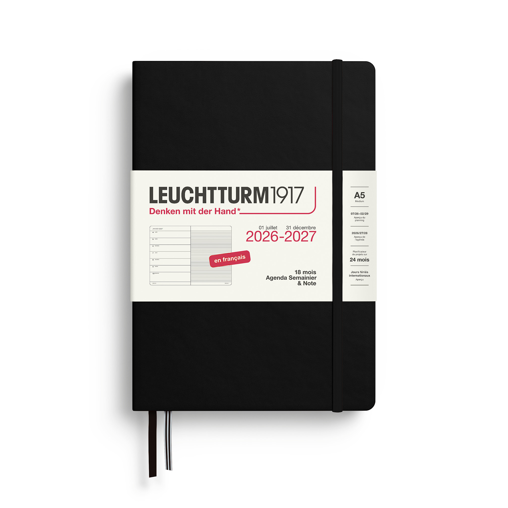 LEUCHTTURM 1917 Noir, Agenda Semainier & Carnet de notes Medium (A5) 2026/2027, 18 mois, Français