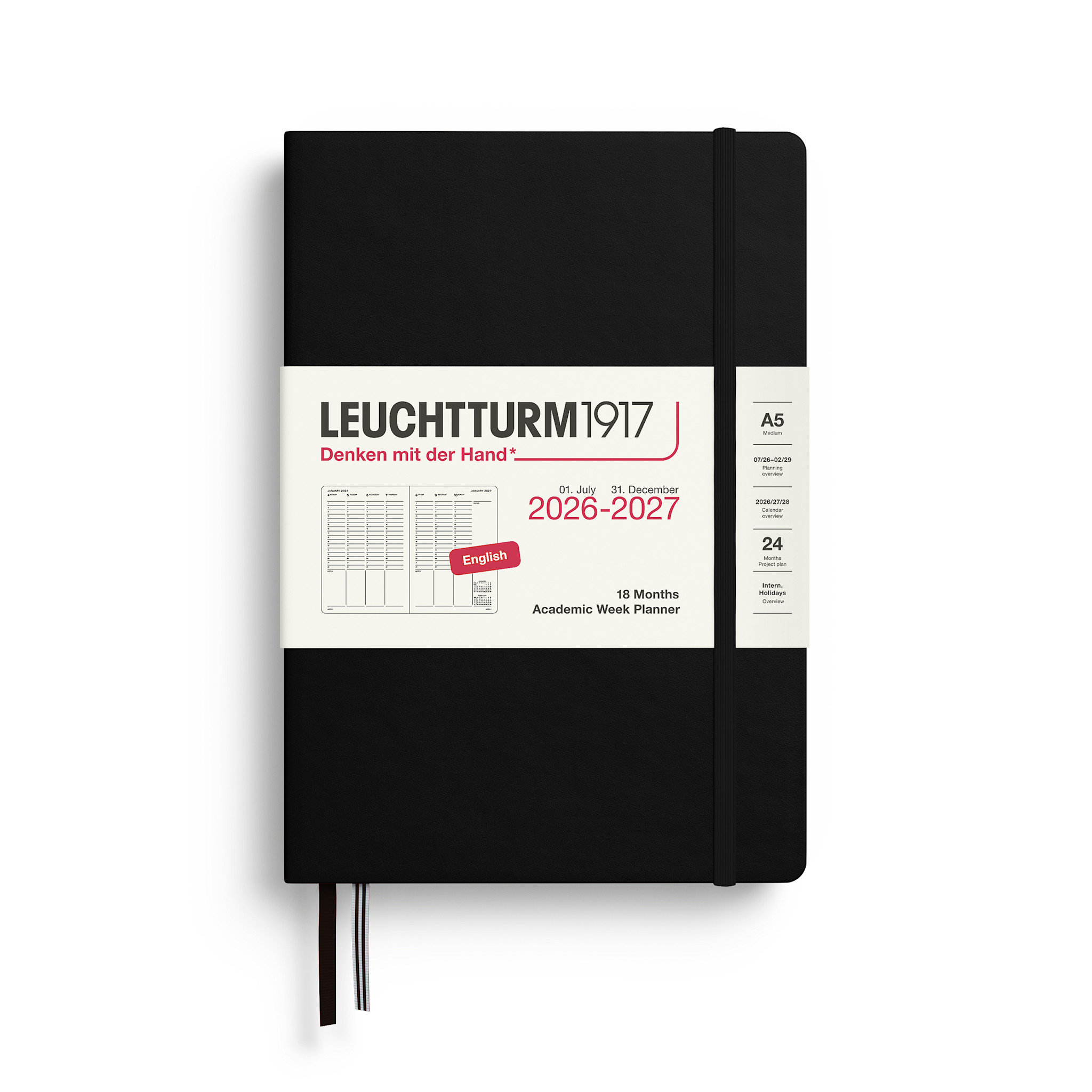 LEUCHTTURM 1917 Noir, Academic agenda planificateur Semainier Medium (A5) 2026/2027, 18 mois, Noir, Anglais