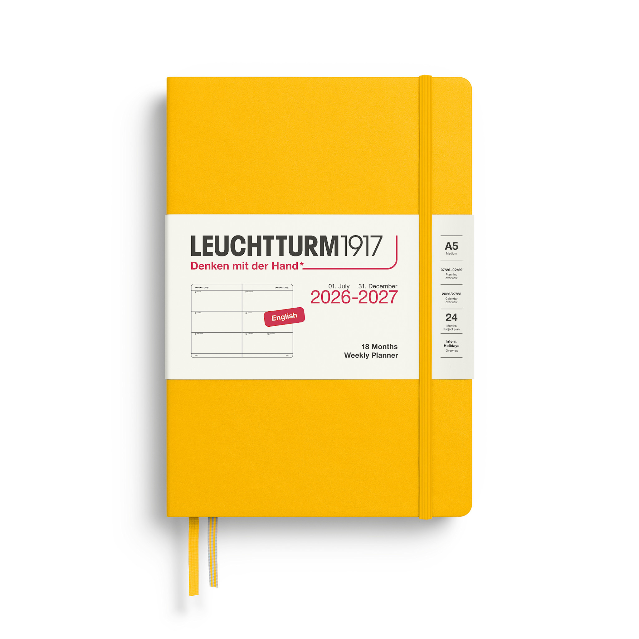 LEUCHTTURM 1917 Sunflower, Agenda Semainier horizontal Medium (A5) 2026/2027, 18 mois, Anglais