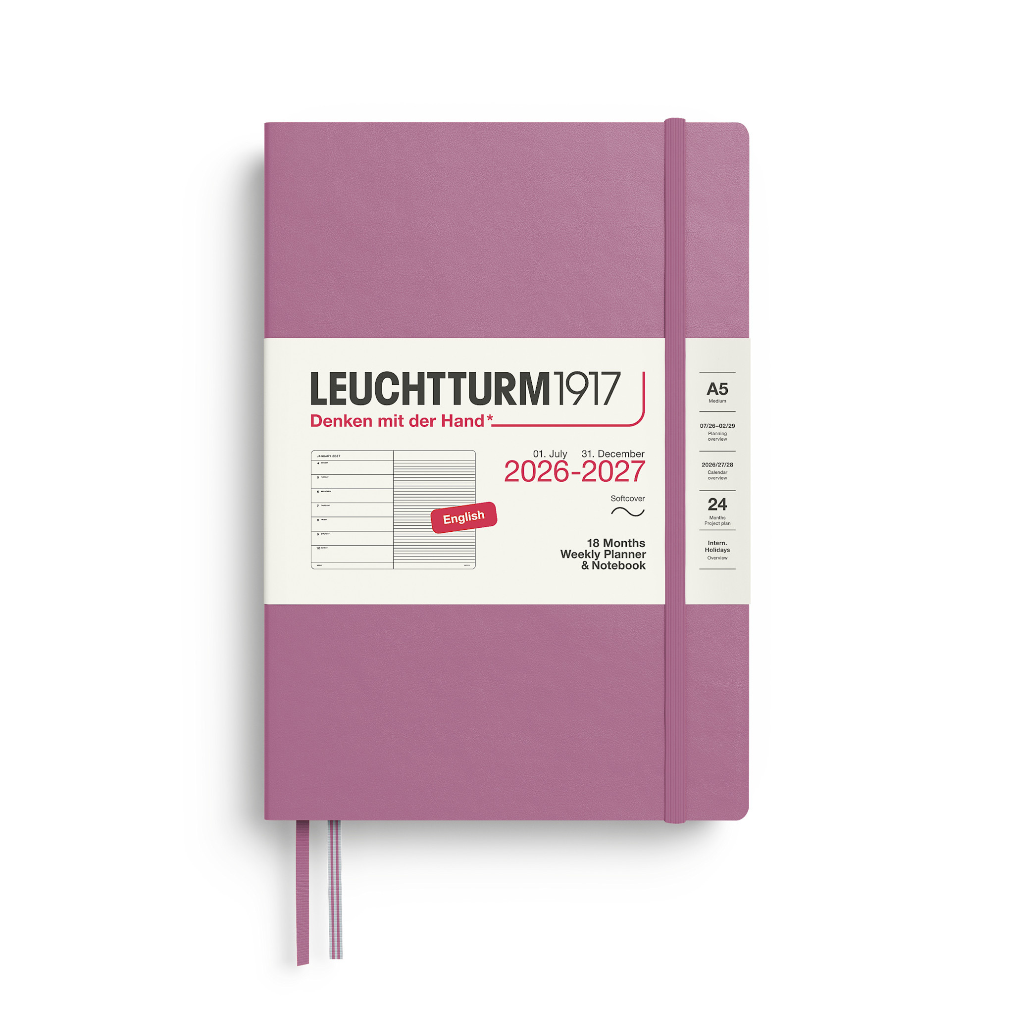 LEUCHTTURM 1917 Dusty Rose, Agenda Semainier & Carnet de notes Medium (A5) 2026/2027, 18 mois, Couverture souple, Anglais
