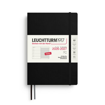 LEUCHTTURM 1917 Noir, Agenda Semainier & Carnet de notes Medium (A5) 2026/2027, 18 mois, Couverture souple, Anglais