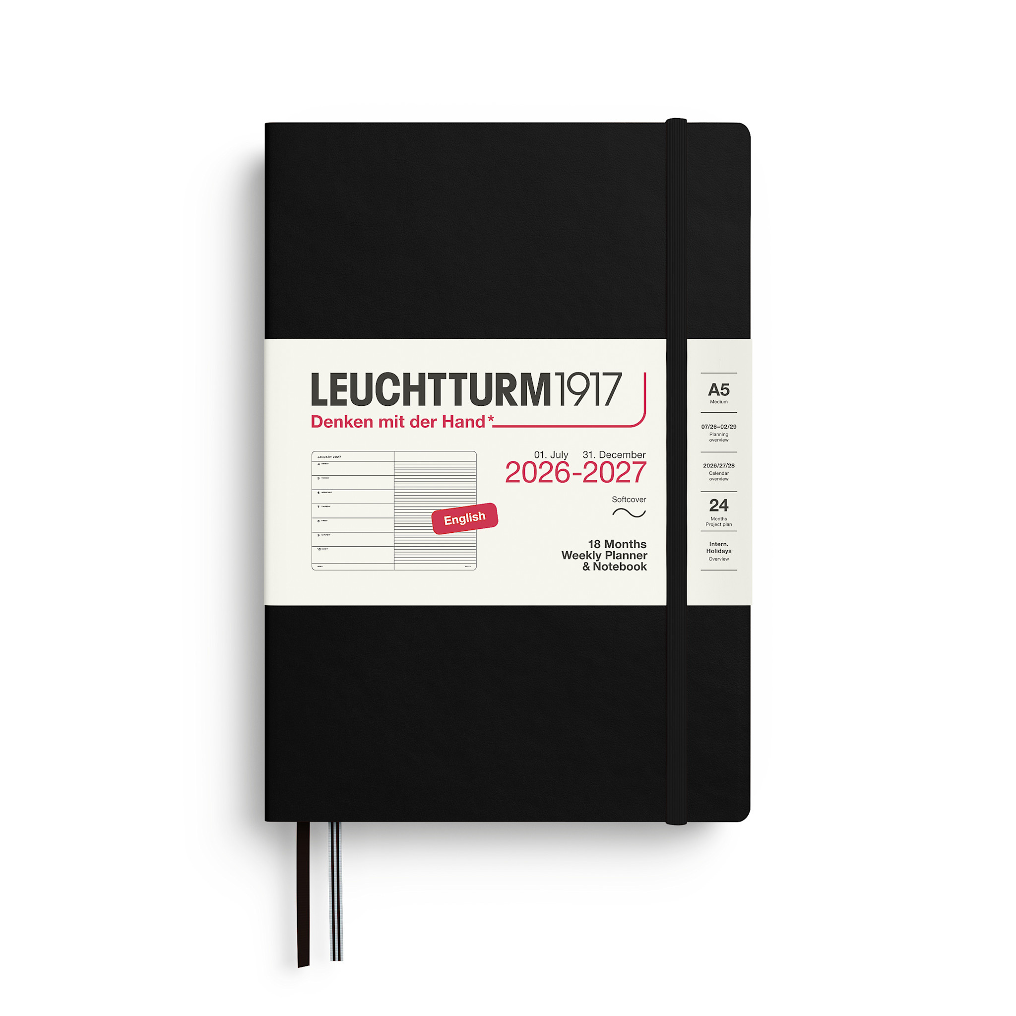 LEUCHTTURM 1917 Noir, Agenda Semainier & Carnet de notes Medium (A5) 2026/2027, 18 mois, Couverture souple, Anglais
